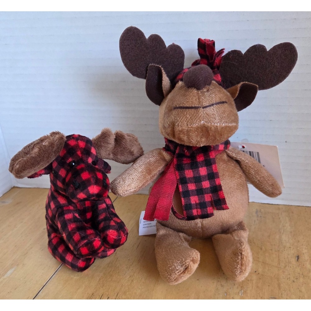 2 Christmas Moose Plush Wishpets Moreley Buffalo Plaid & Christmas House NWT